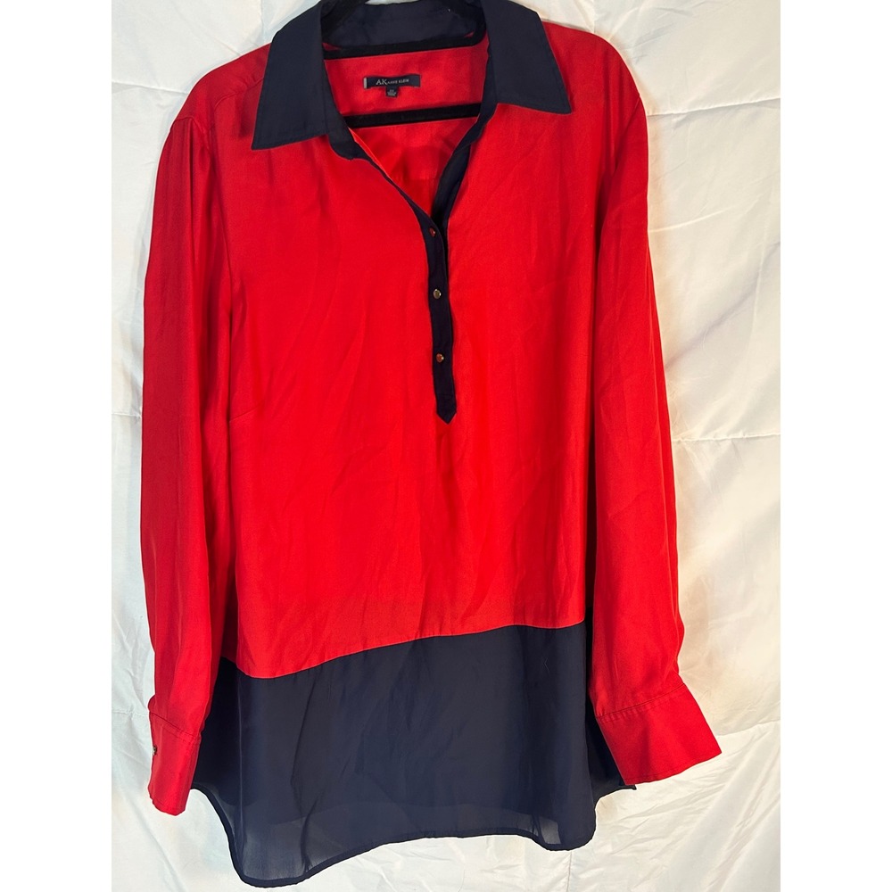 Anne‎ Klein Womens 2X Red Navy Colorblock Tunic Shirt Button Neck Long Sleeve